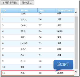 WebDataGrid 行の追加 WebDataGrid 行の追加